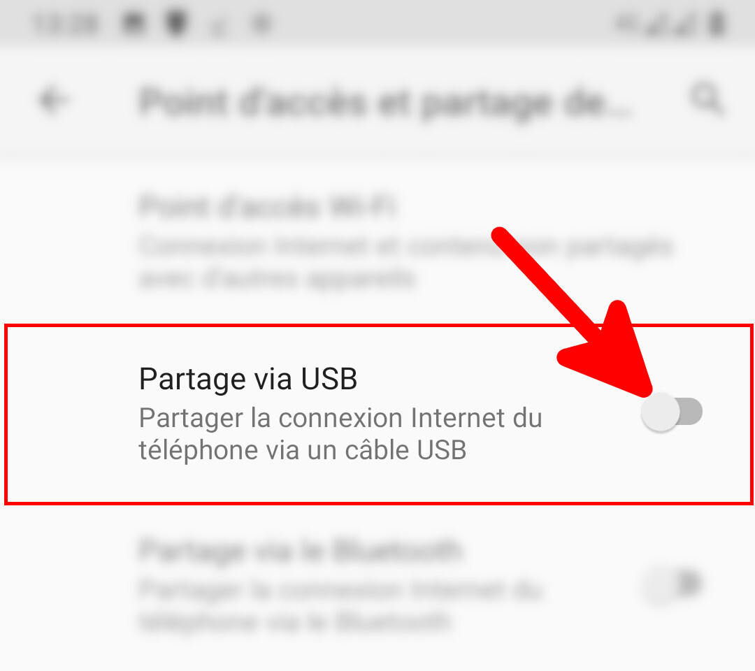 Android menu Partage via USB off