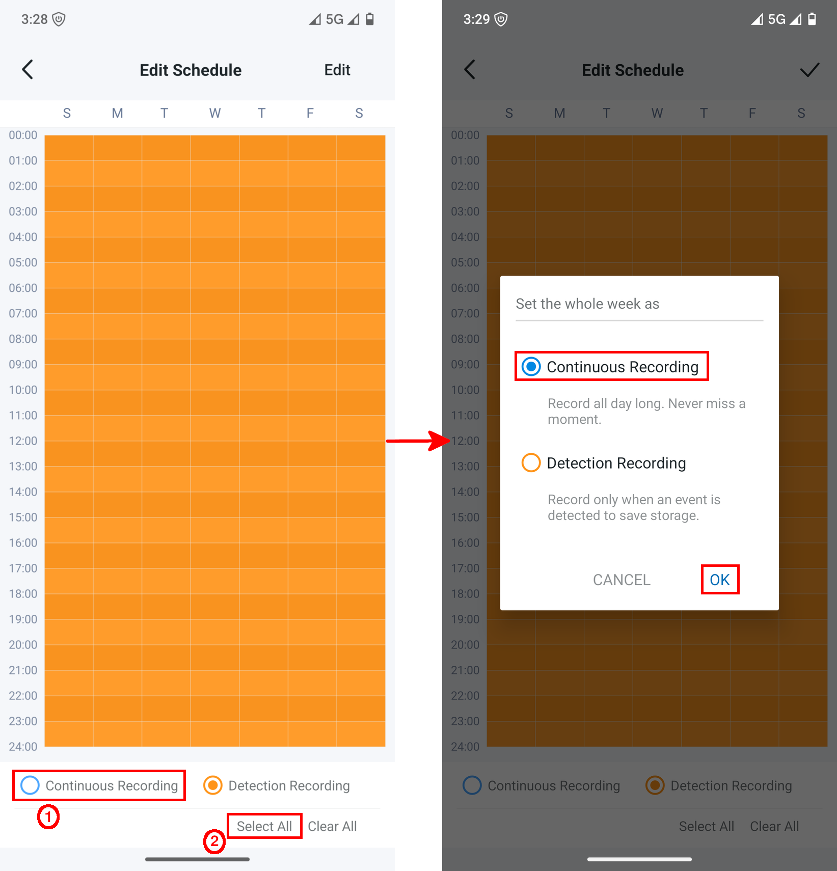 Application Tapo sur Android montrant l’enregistrement continu sélectionné et appliqué à tout le planning