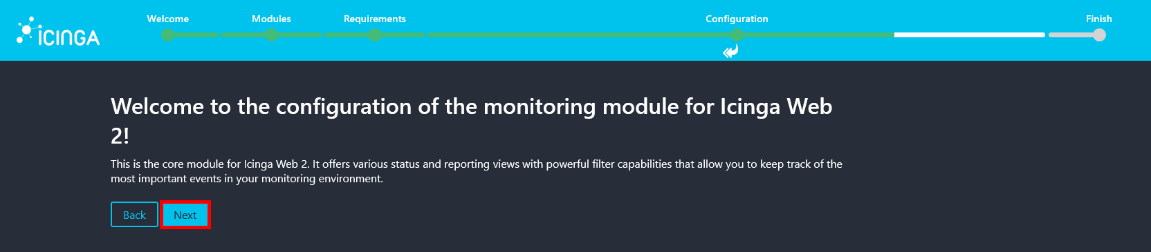 Écran d’Icinga Web 2 indiquant le démarrage du processus de configuration du module Monitoring.