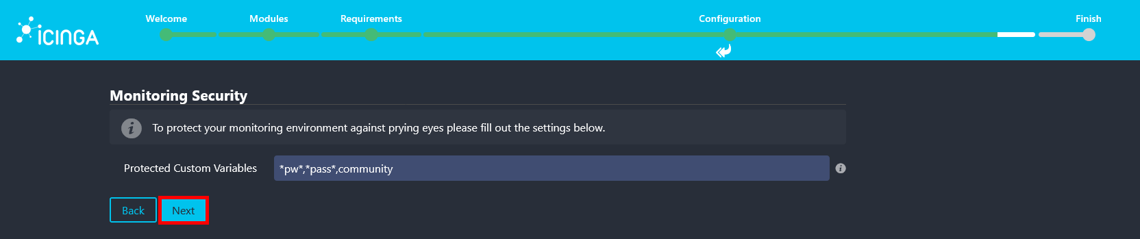 Écran de configuration de la sécurité du module Monitoring d’Icinga Web 2 montrant la protection des variables personnalisées sensibles.