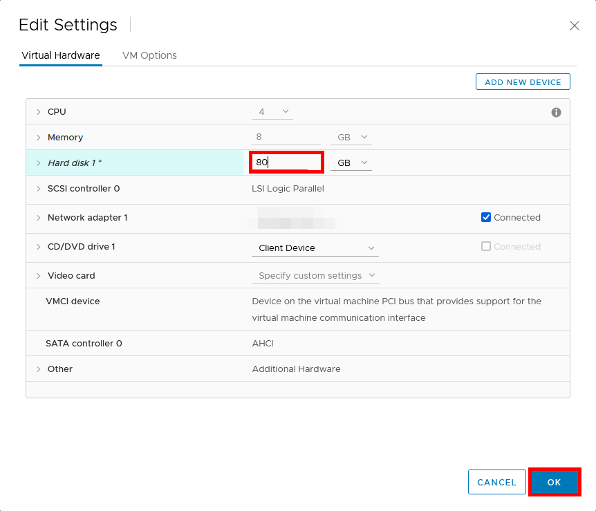 Interface VMware montrant l’augmentation de la taille du disque virtuel à 80 Go dans le menu Modifier les paramètres.
