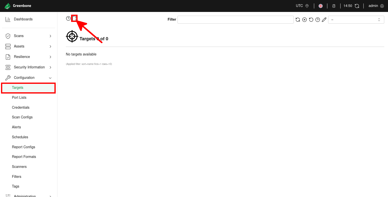 Interface web de GVM montrant comment ajouter une nouvelle cible depuis le menu Targets