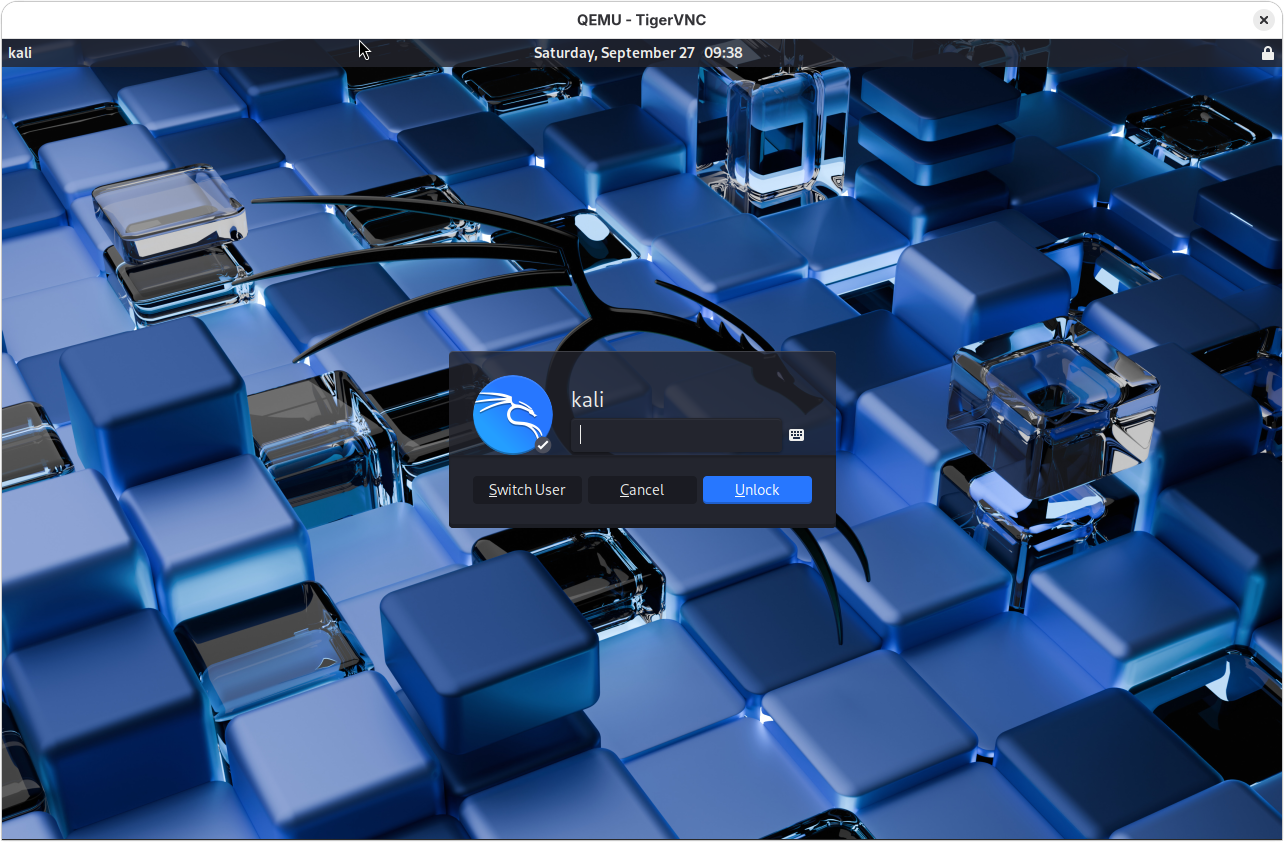Écran de connexion Kali Linux dans QEMU avec le client TigerVNC