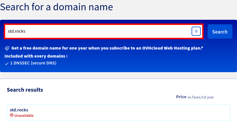Capture d’écran de l’interface OVHcloud utilisée pour rechercher et enregistrer un nom de domaine comme std.rocks pour un serveur mail.