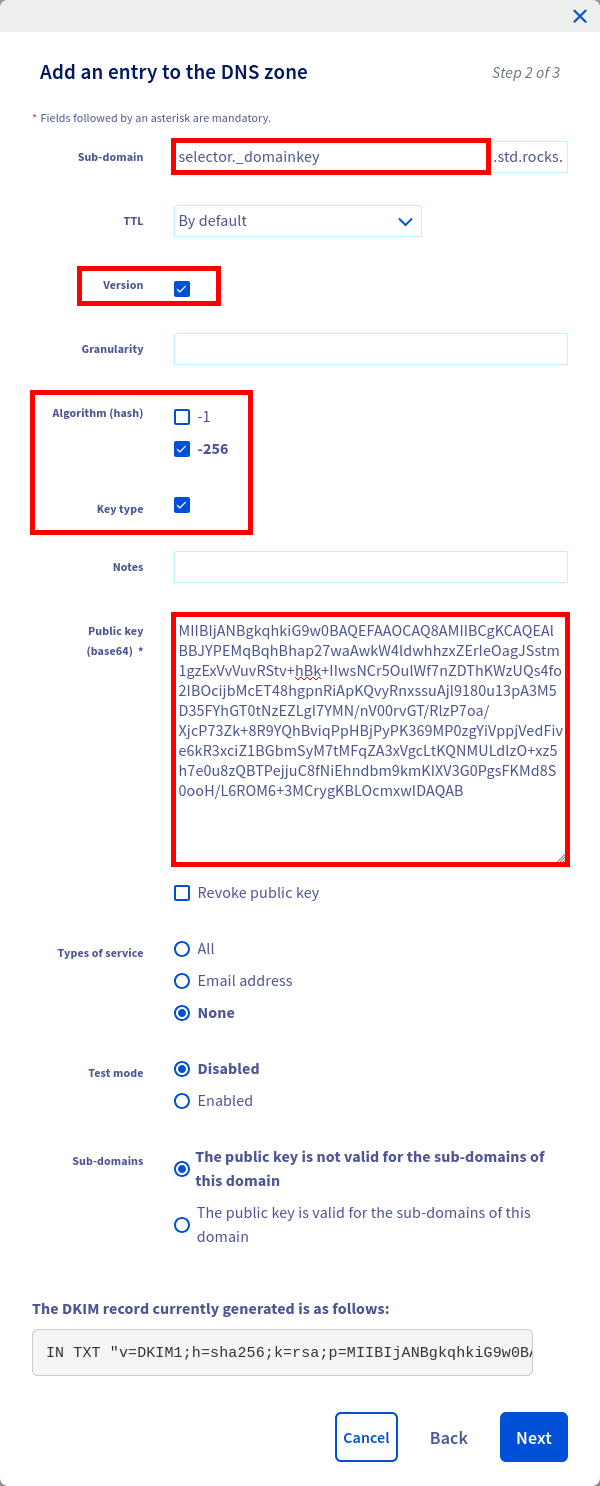Capture d’écran du formulaire de configuration DNS OVHcloud montrant comment ajouter un enregistrement DKIM avec le sous-domaine selector._domainkey, la version DKIM1, l’algorithme de hachage sha256 et la clé publique.