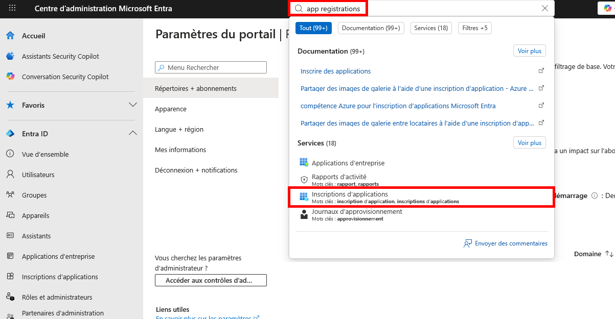 Capture du centre d’administration Microsoft Entra montrant une recherche d’enregistrements d’applications et le résultat correspondant mis en évidence