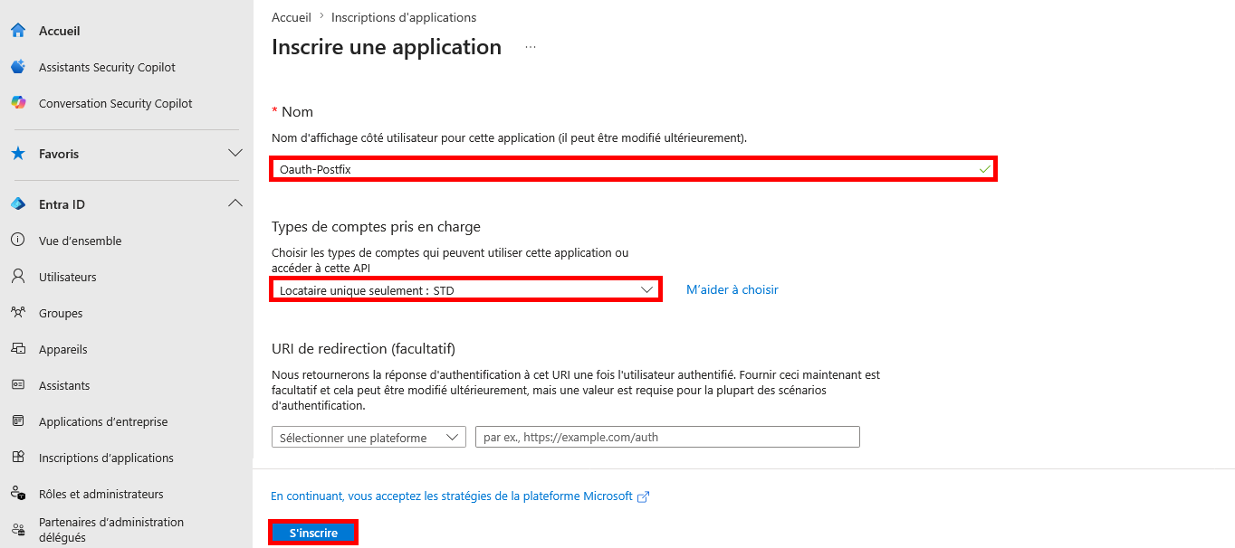 Capture de la page d’enregistrement d’une application dans Microsoft Entra montrant le nom OAuth-Postfix, l’option locataire unique sélectionnée, et le bouton Enregistrer en surbrillance