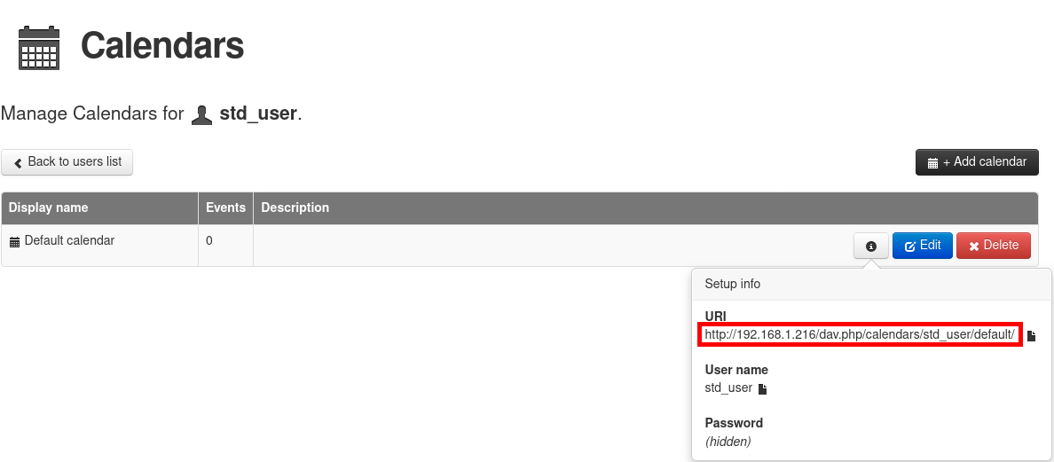 URI du calendrier partagé depuis le serveur Baïkal