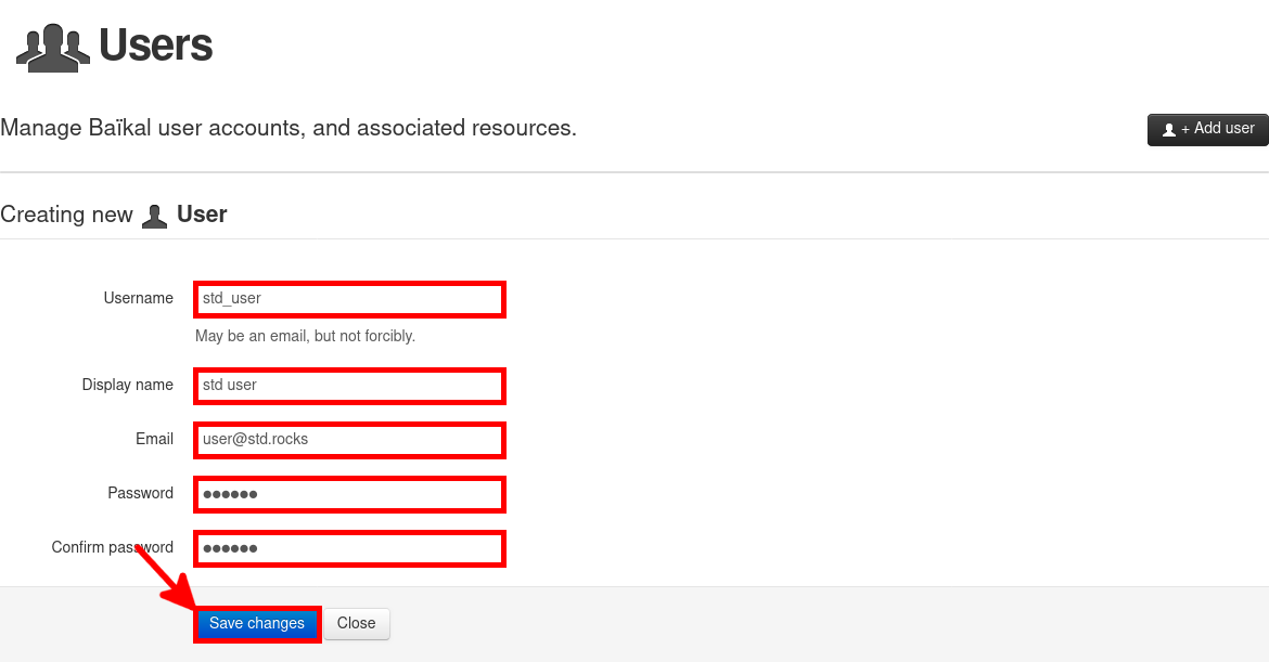 Formulaire de création d’utilisateur dans Baïkal affichant les champs nom d’utilisateur, nom affiché, adresse e-mail, mot de passe et le bouton Enregistrer les modifications