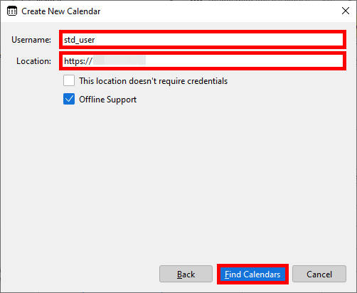 Nouvelle fenêtre de création de calendrier Thunderbird avec boîte de texte pour le nom d'utilisateur et l'emplacement