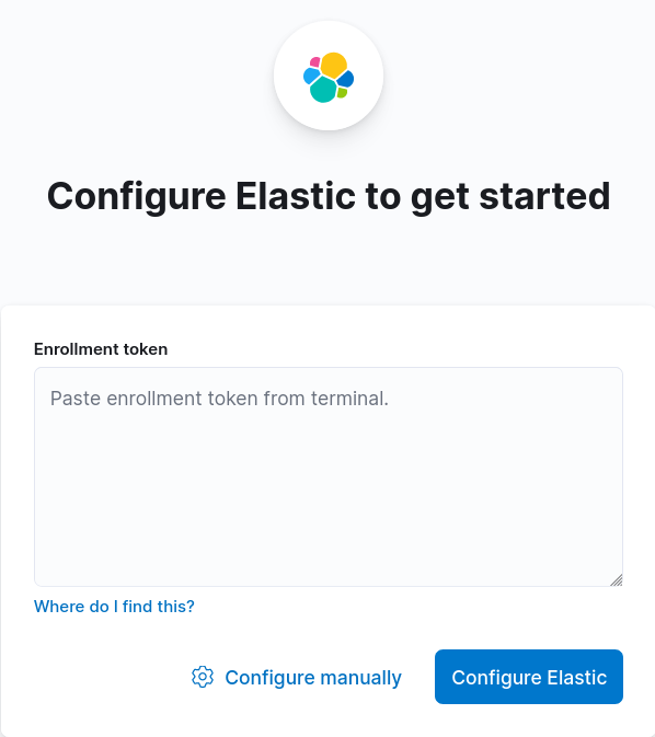 Écran de configuration Elastic 9 demandant le jeton d'enrôlement pour configurer le serveur.