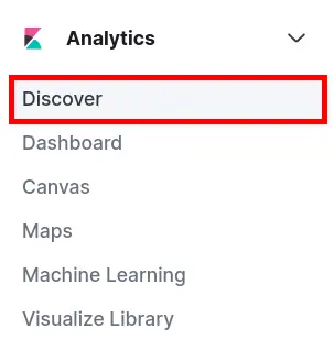 Menu de Kibana avec la section Analytics développée et l’option Discover mise en évidence