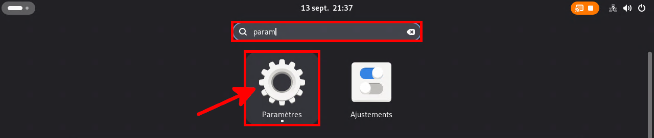 Menu des Paramètres GNOME sous Debian 13 Wayland