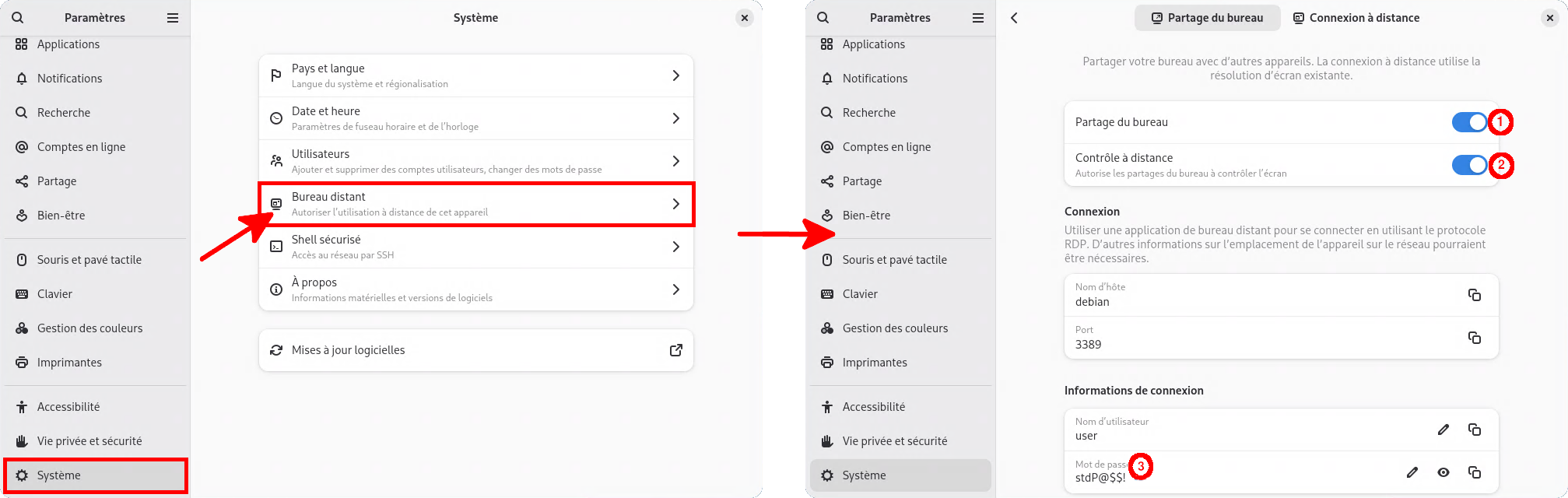 Paramètres du Bureau à distance GNOME sur Debian 13 (Wayland)