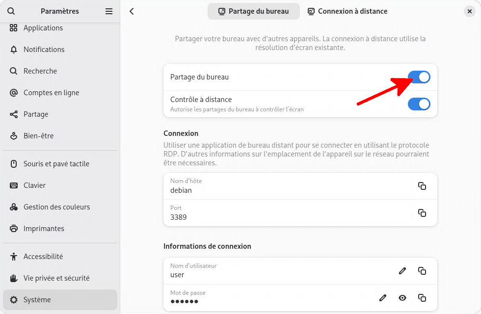 Configuration finale du Bureau à distance GNOME sur Debian 13 (Wayland)