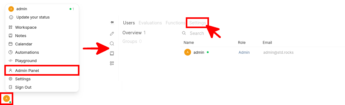 Ouverture du panneau d’administration et de la page des paramètres dans Open WebUI