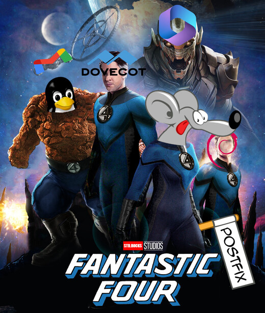 Illustration représentant Linux, Postfix et Dovecot comme une équipe de super-héros, les Fantastic Four des serveurs de messagerie.