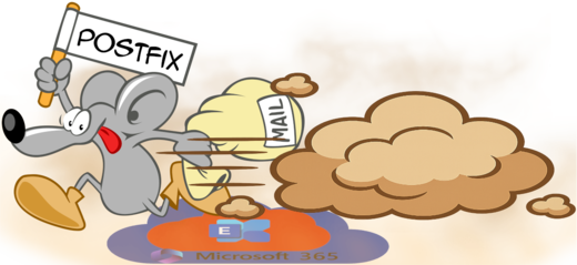 Logo Souris Postfix dessinée portant du courrier, relayant des messages vers Microsoft 365 Exchange