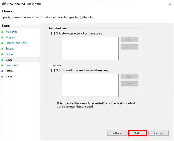 Assistant de création de règle du Pare-feu Windows affichant les options d'autorisation de connexion basées sur les utilisateurs pour les règles IPsec