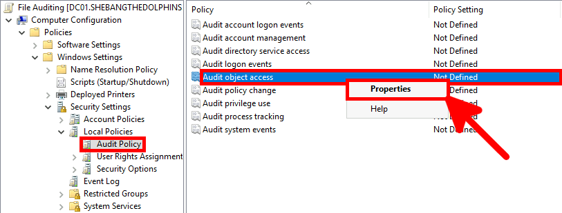 Dans l’Éditeur de gestion des stratégies de groupe, cliquez avec le bouton droit sur Audit de l’accès aux objets sous Stratégie d’audit pour configurer les paramètres d’audit des fichiers Windows
