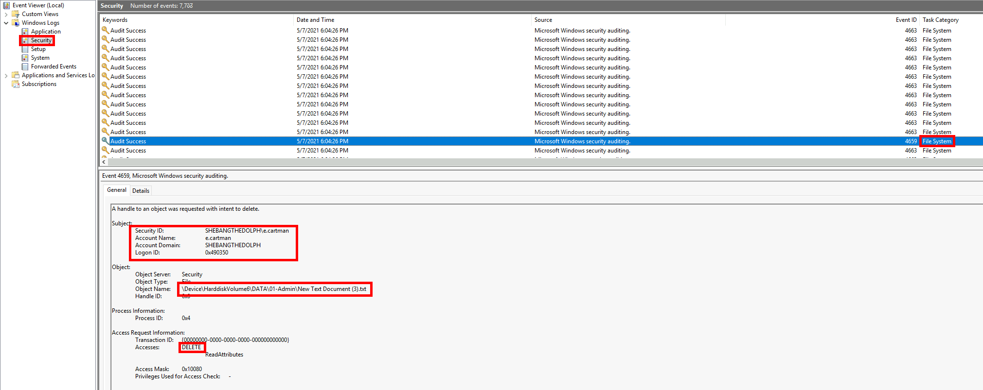 Observateur d’événements Windows affichant l’événement de sécurité 4659 correspondant à la suppression du fichier New Text Document (3).txt par le compte e.cartman dans le journal d’audit des fichiers