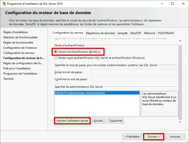 MSSQL | Programme d'installation de SQL Server 2019, Configuration du moteur de base de données.
