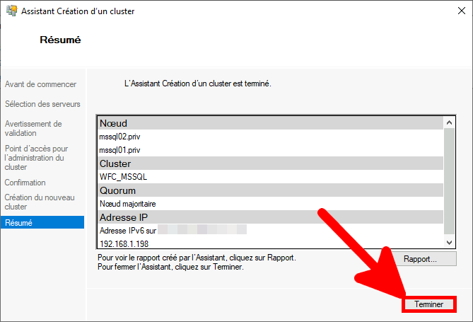 Windows | Assistant création de cluster, Résumé