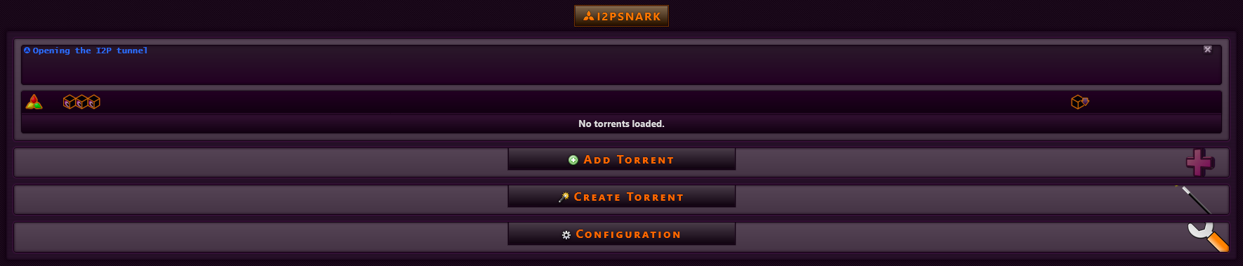 Interface de I2PSnark avec les options : Ajouter, Créer, Configuration