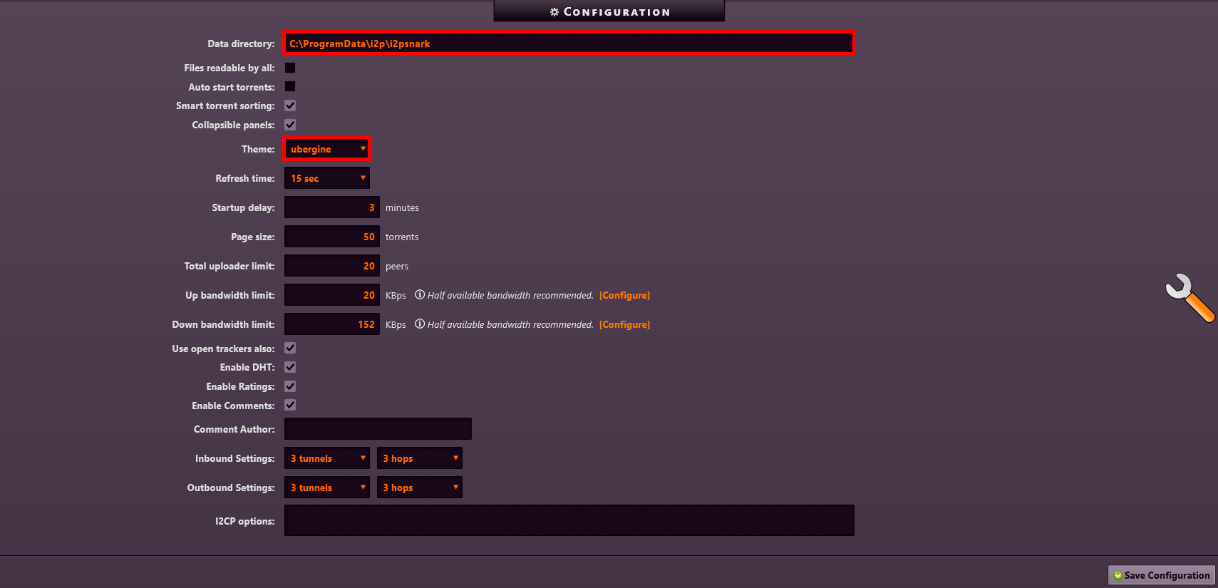Page de configuration d’I2PSnark montrant les paramètres de thème et de bande passante