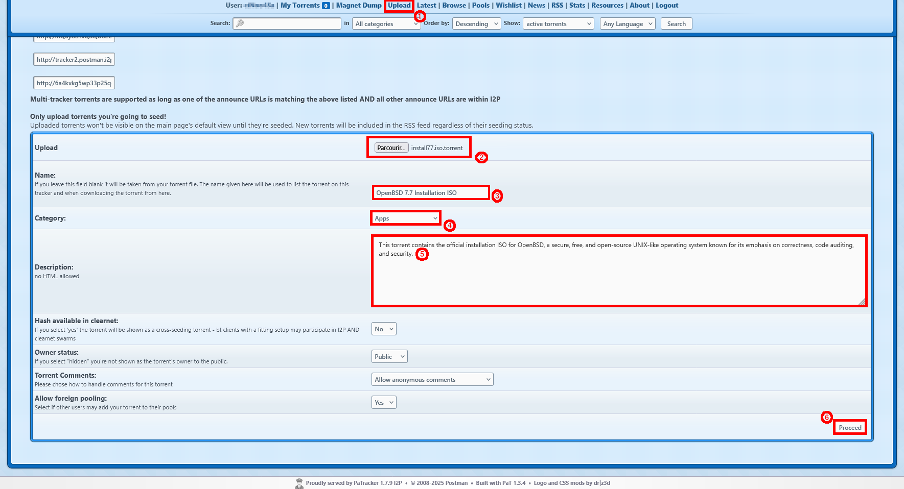 Page d’envoi de torrent avec champs de formulaire sur le tracker Postman