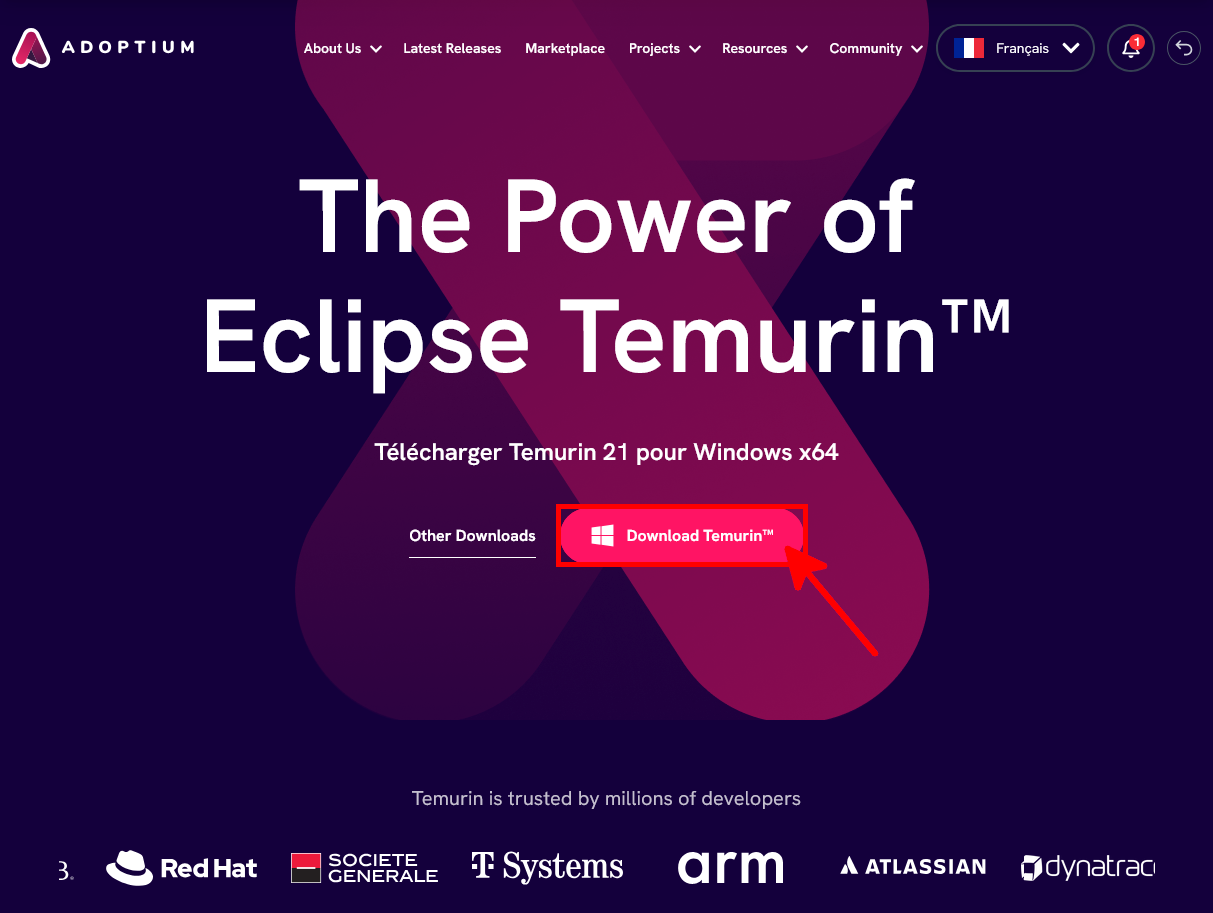 Page de téléchargement d’Eclipse Temurin 21 sur le site Adoptium, avec le bouton de téléchargement Windows x64 mis en surbrillance