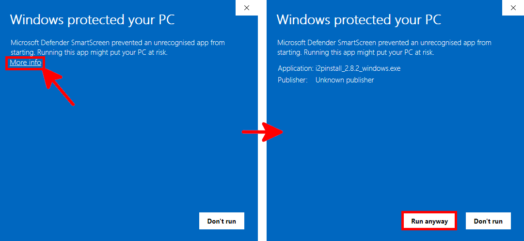 Avertissement de Windows Defender SmartScreen avec les options Informations complémentaires et Exécuter quand même mises en surbrillance pour l’installateur I2P