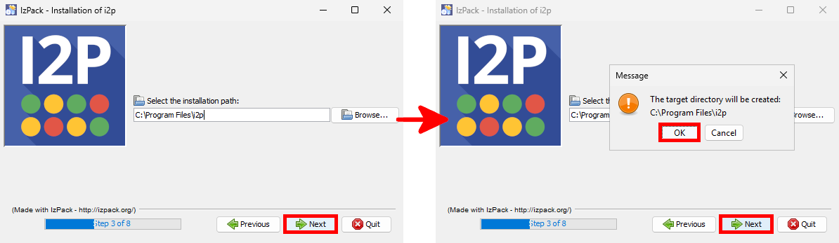 Sélection du répertoire d’installation de I2P avec champ de saisie du chemin et boîte de dialogue de confirmation affichant les boutons OK et Suivant