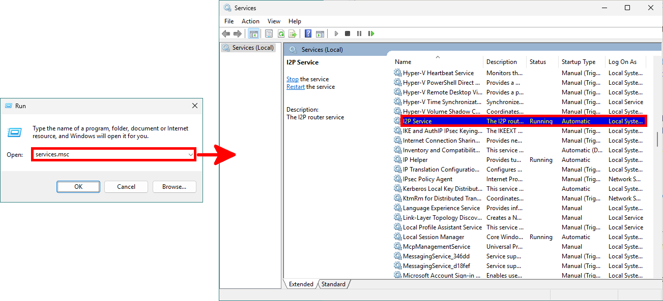Boîte de dialogue Exécuter de Windows avec la commande services.msc, et fenêtre Services affichant le service I2P en cours d’exécution