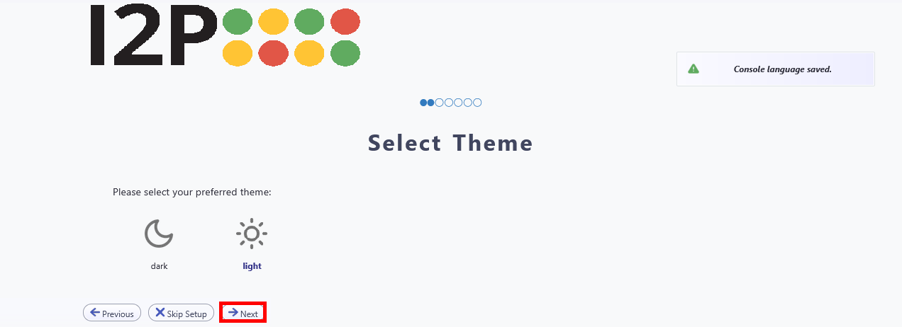 Écran de configuration d’I2P avec les options de thème clair et sombre, et le bouton Suivant mis en surbrillance