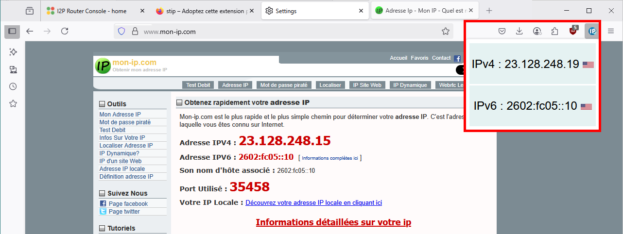 Vérification de l'adresse IP publique utilisant mon-ip.com, affichant à la fois les adresses IPv4 et IPv6 dans le navigateur Firefox