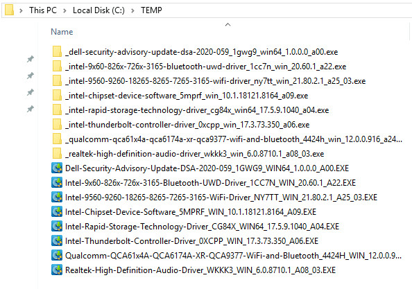 Dossier C:\TEMP affichant les dossiers extraits et les fichiers exécutables de pilotes Dell d’origine après l’exécution du script PowerShell