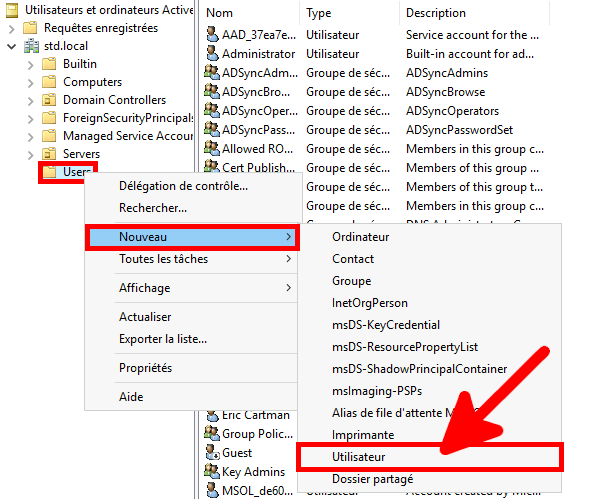 création d'un nouvel utilisateur depuis la console Utilisateurs et ordinateurs Active Directory