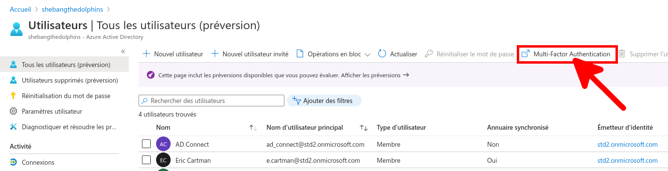 Ouverture du menu Multi Factor Authentication depuis le Portail Azure