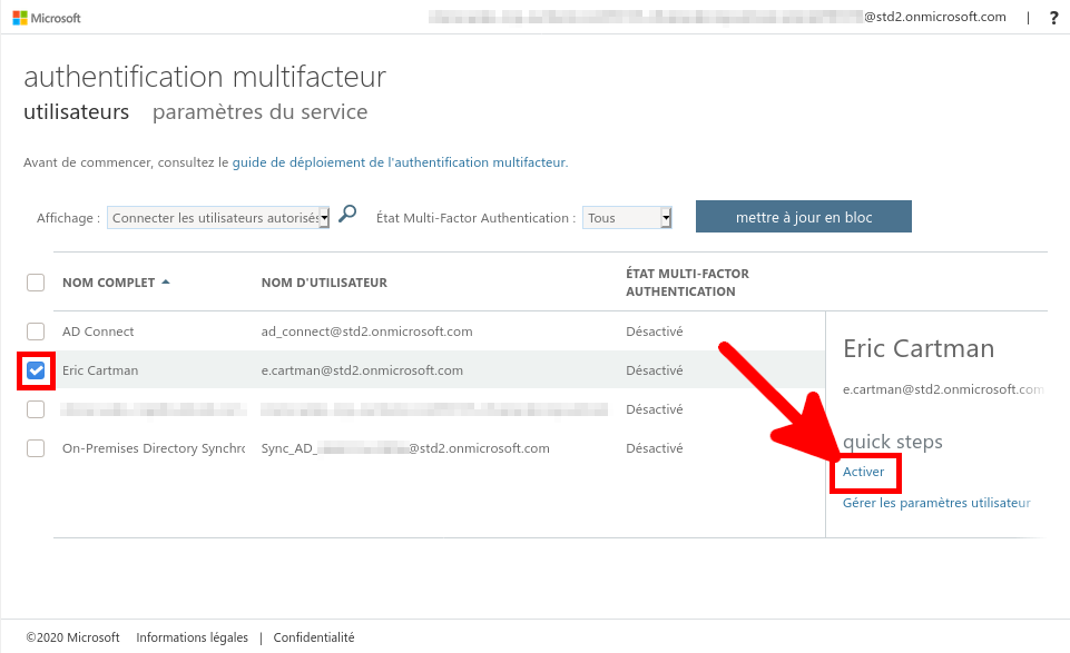 Activation de l'authentification multifacteur depuis azure