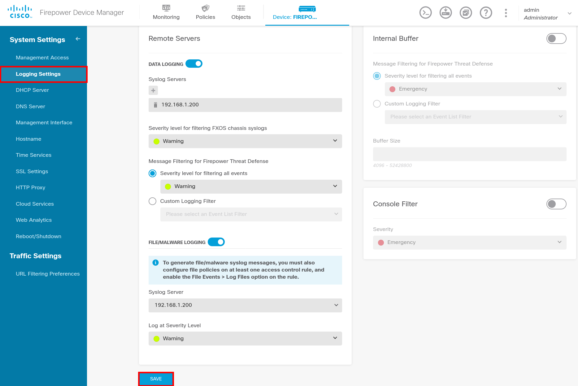 Page Logging Settings de Cisco Firepower FTD avec serveur syslog, niveau de sévérité et bouton Save