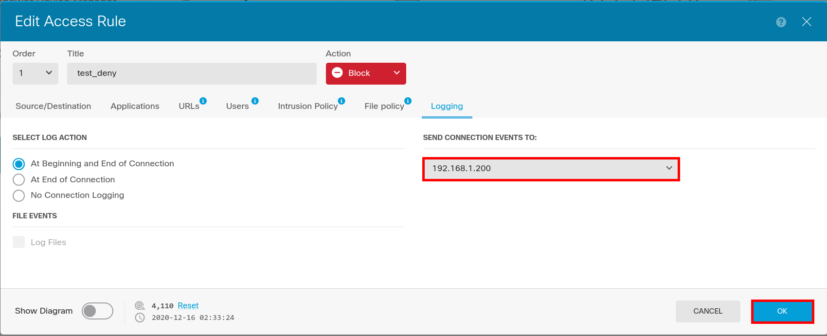 Onglet Logging d’une règle Cisco Firepower FTD affichant la journalisation des connexions et la sélection du serveur syslog