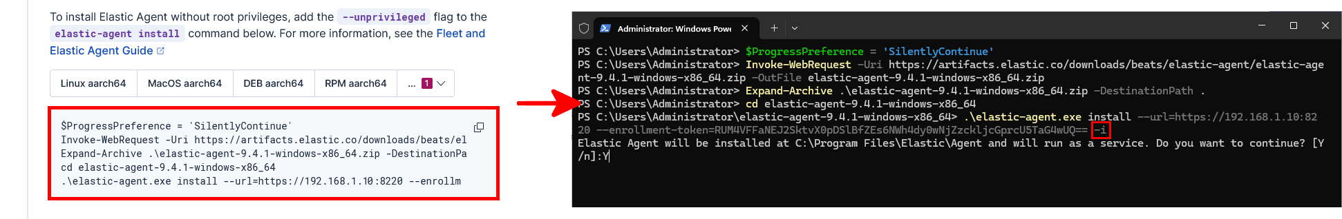 Page Fleet de Kibana montrant les commandes PowerShell utilisées pour installer Elastic Agent sur Windows, avec l’option TLS non sécurisé ajoutée à la commande elastic-agent install