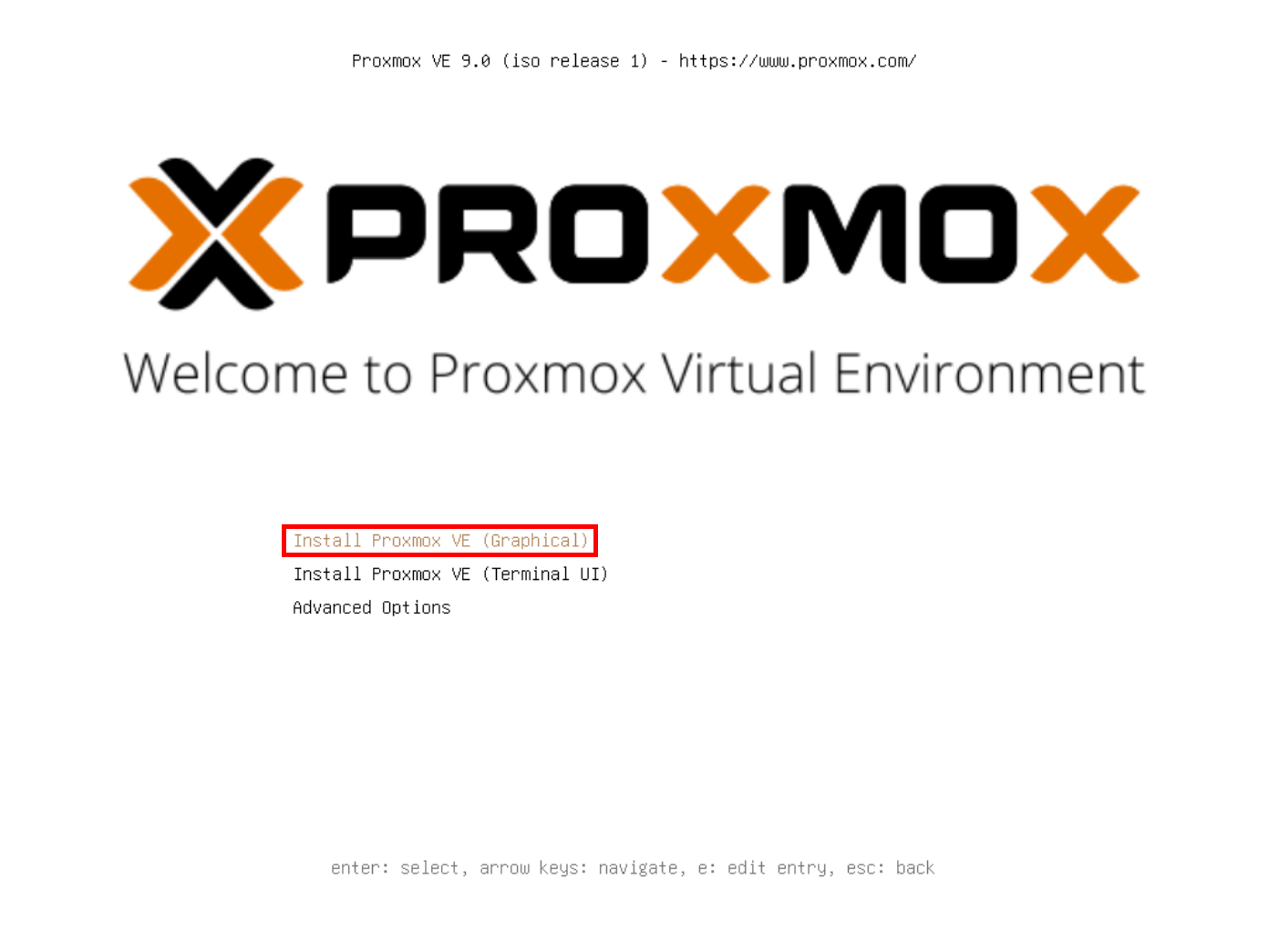 Écran d’installation de Proxmox VE 9