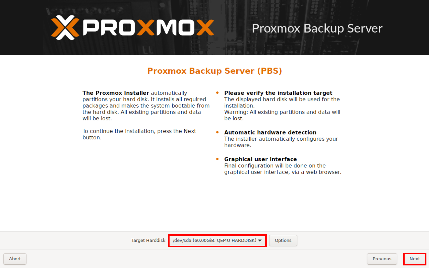 Sélection du disque dur cible pour l'installation de Proxmox Backup Server