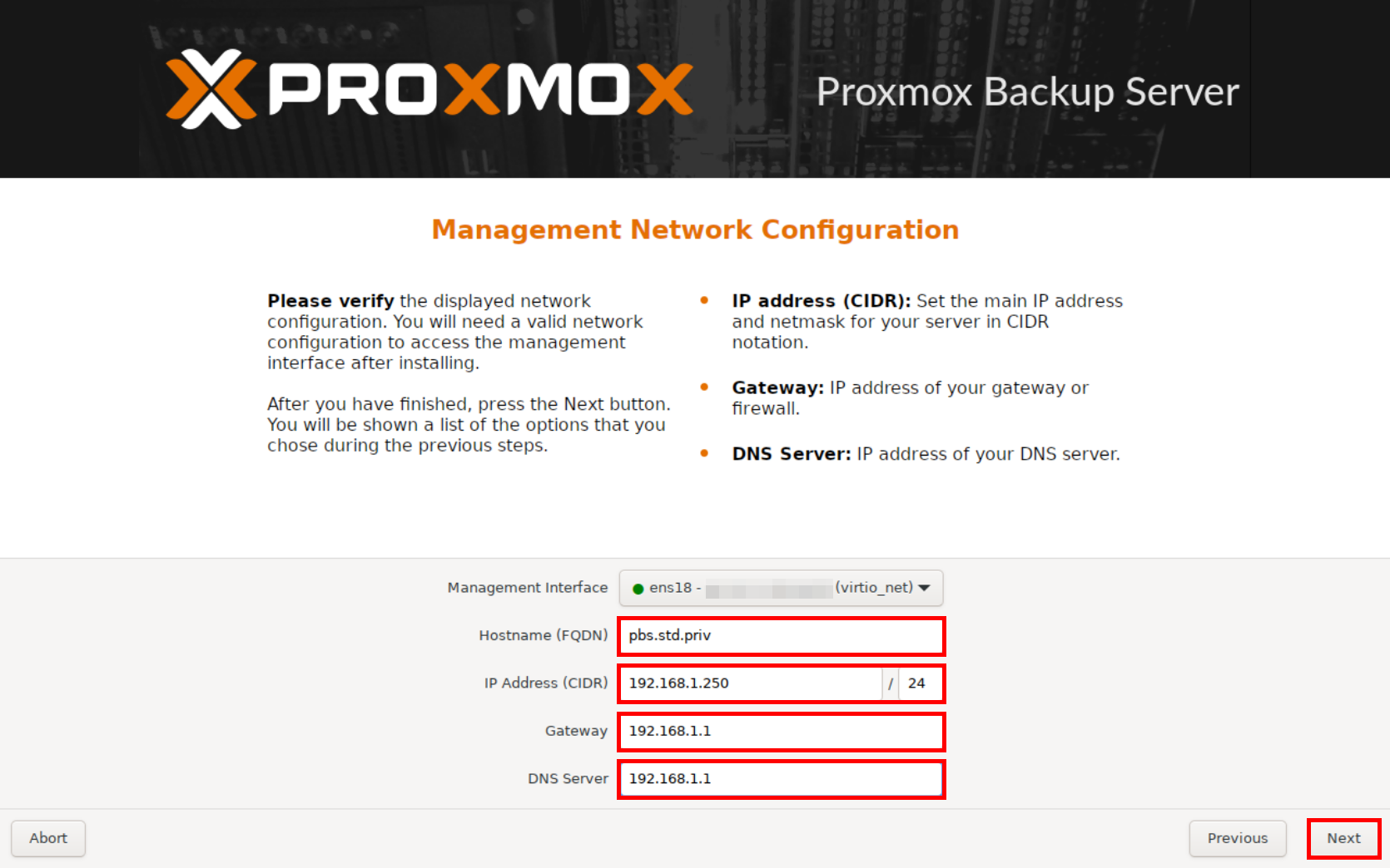 Étape de configuration réseau pendant l'installation de Proxmox Backup Server