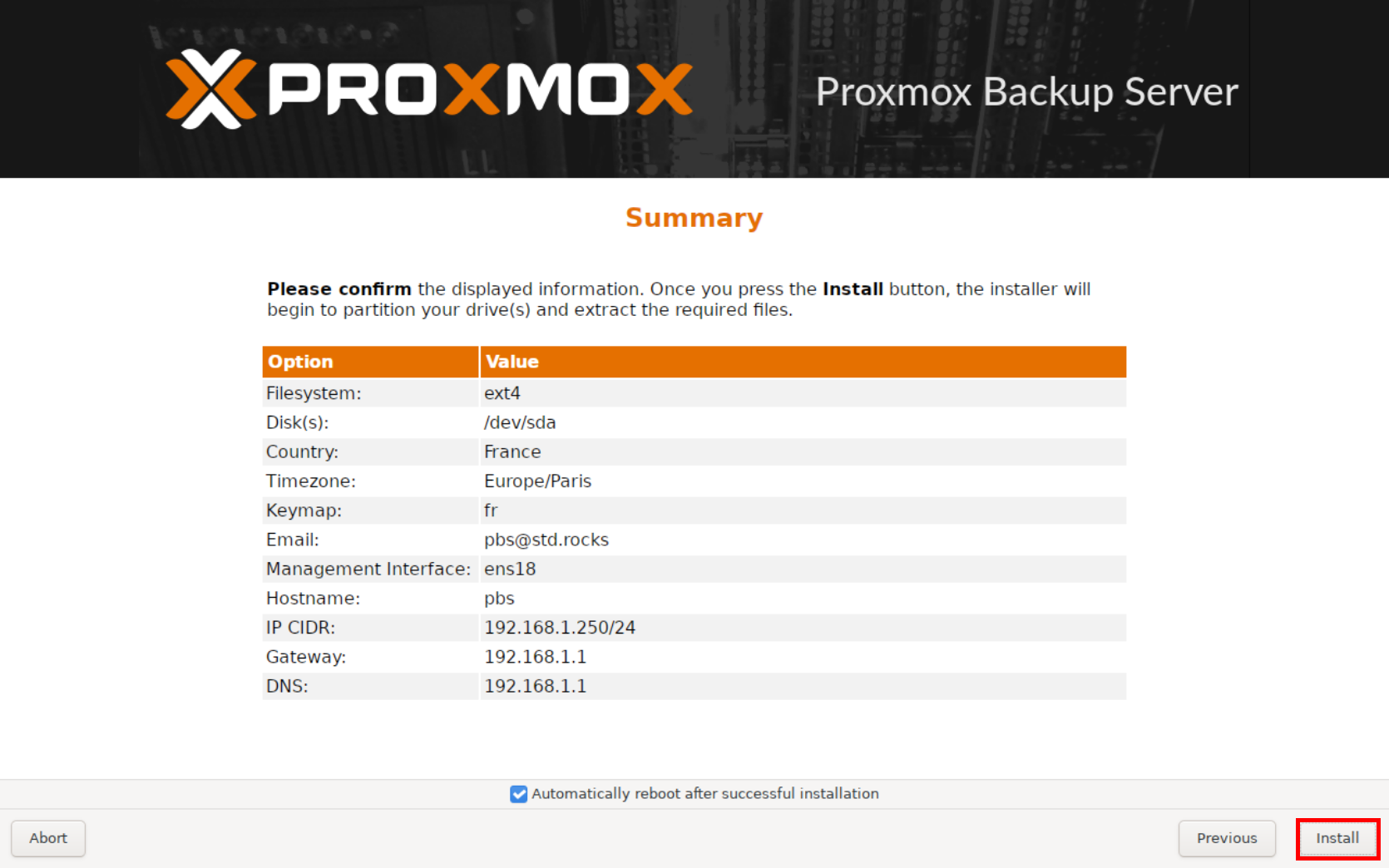 Écran de récapitulatif de l'installation de Proxmox Backup Server