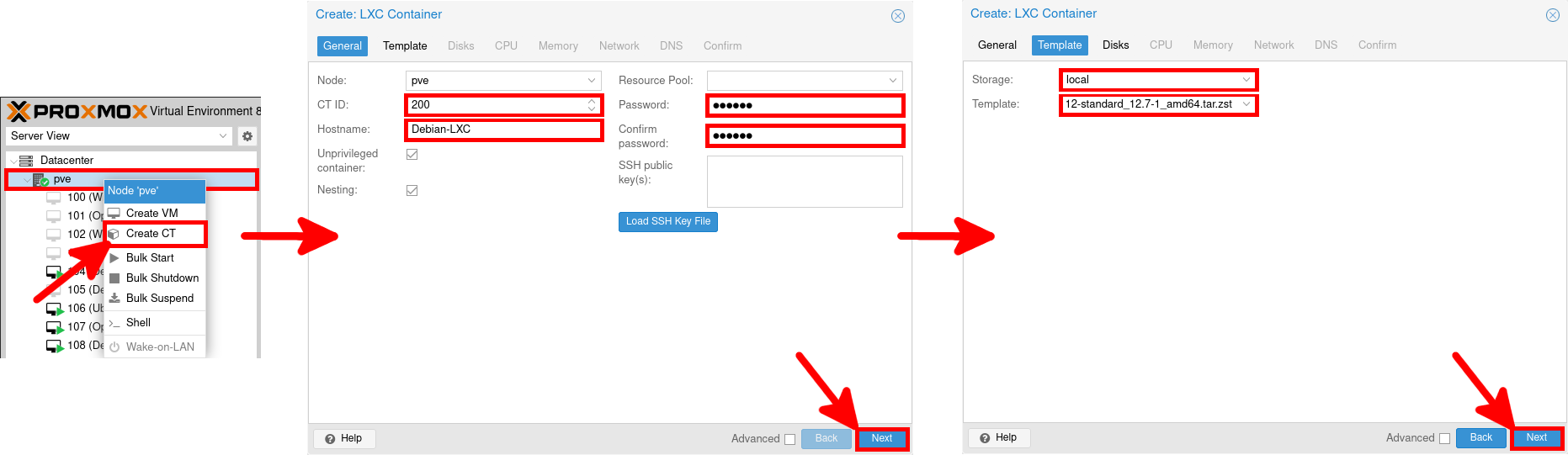 Interface de Proxmox VE montrant le processus de création d'un conteneur LXC avec un modèle Debian 12. Les étapes incluent la sélection de 'Create CT', l'attribution d'un ID et d'un nom d'hôte, la définition d'un mot de passe et le choix du stockage et du fichier modèle.