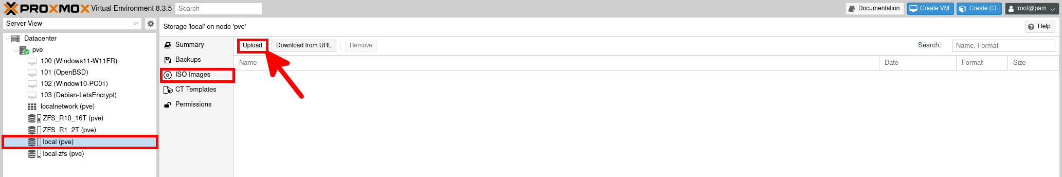 Interface de Proxmox VE affichant la section 'ISO Images' du stockage local, avec le bouton 'Upload' mis en évidence pour importer des fichiers ISO destinés à la création de machines virtuelles.