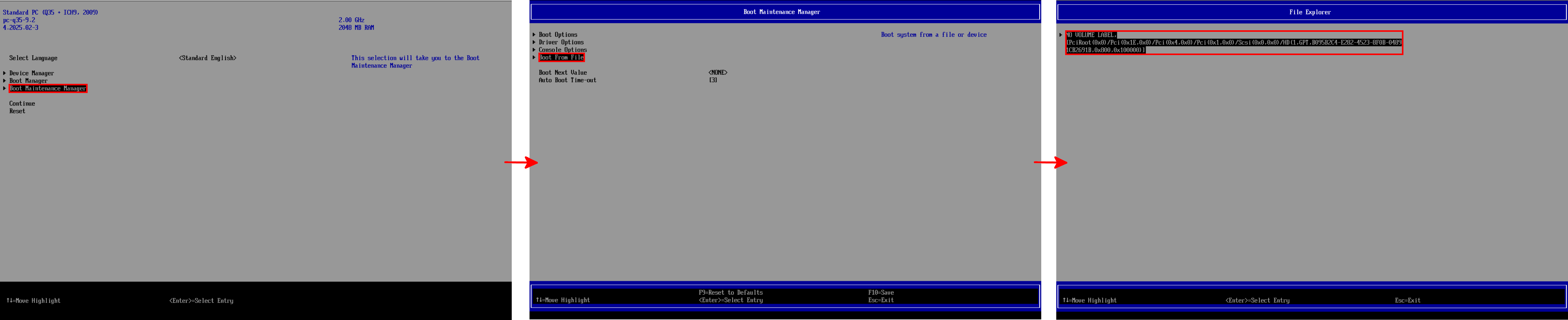 Séquence de navigation UEFI depuis le Boot Manager jusqu'à la sélection de fichier de démarrage dans un environnement Proxmox.